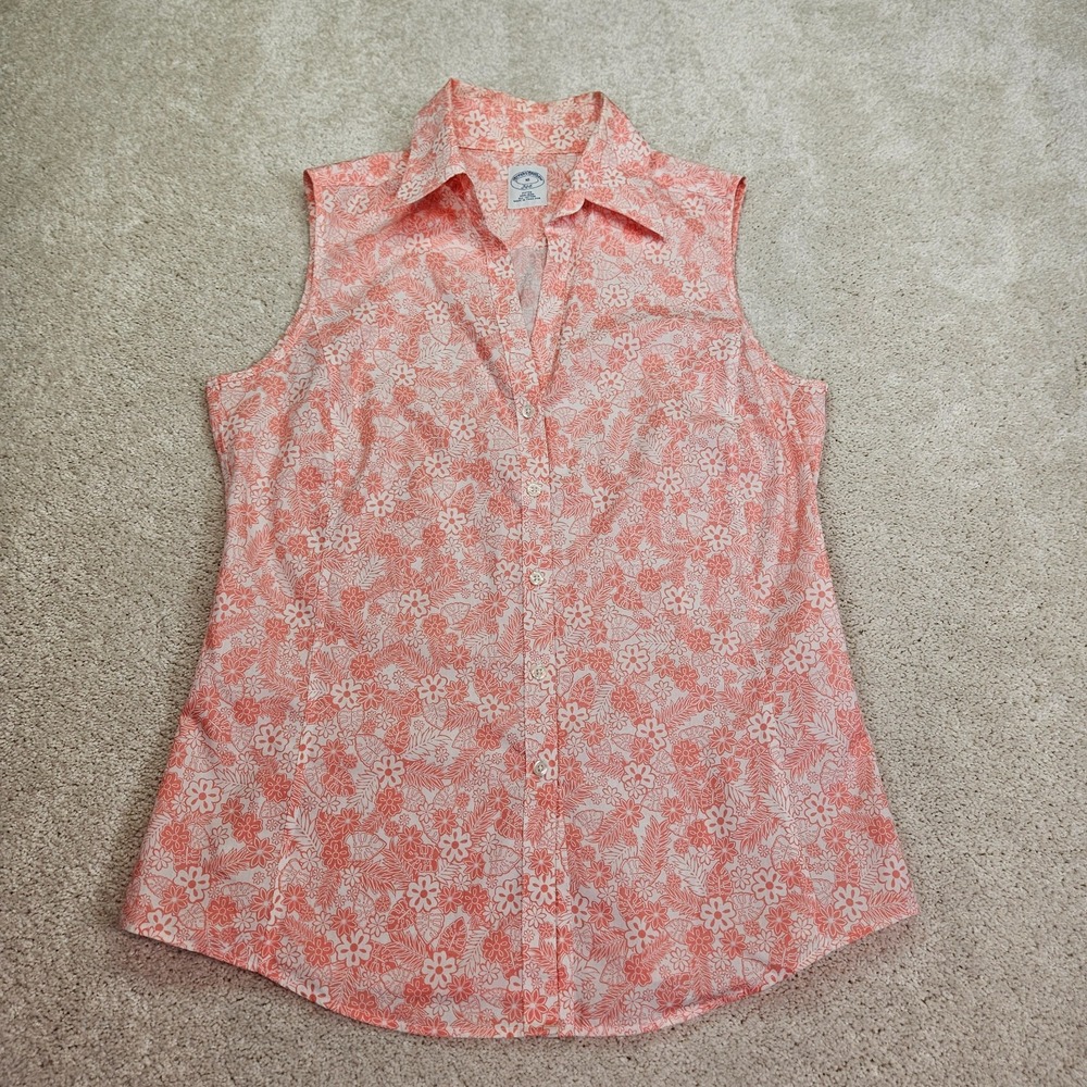 Brooks Brothers 10 Fitted Floral Botanical Sleeveless Button Shirt Coral White